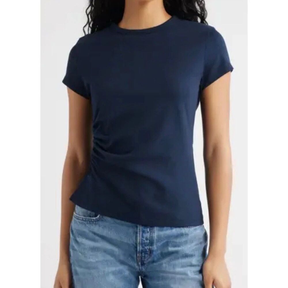 MADEWELL Asymmetric Ruched Tee in Allday Jersey S Navy Blue Soft Knit NWT B48